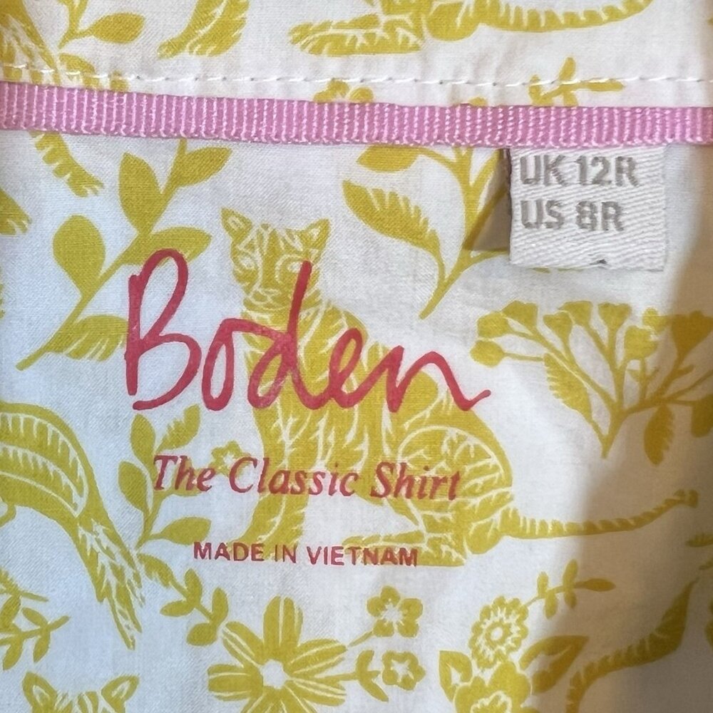 BODEN Women's Classic Shirt Cotton Button Size 8 Yellow Birds Cheetah Animals - Picture 3 of 9